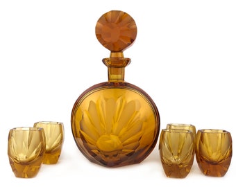 Art Deco Heinrich Hoffmann Design Alexander Pfohl Amber Glass Liquor Set Decanter Peacock Feather 1935s Art Bohemian Glass Czechoslovakia