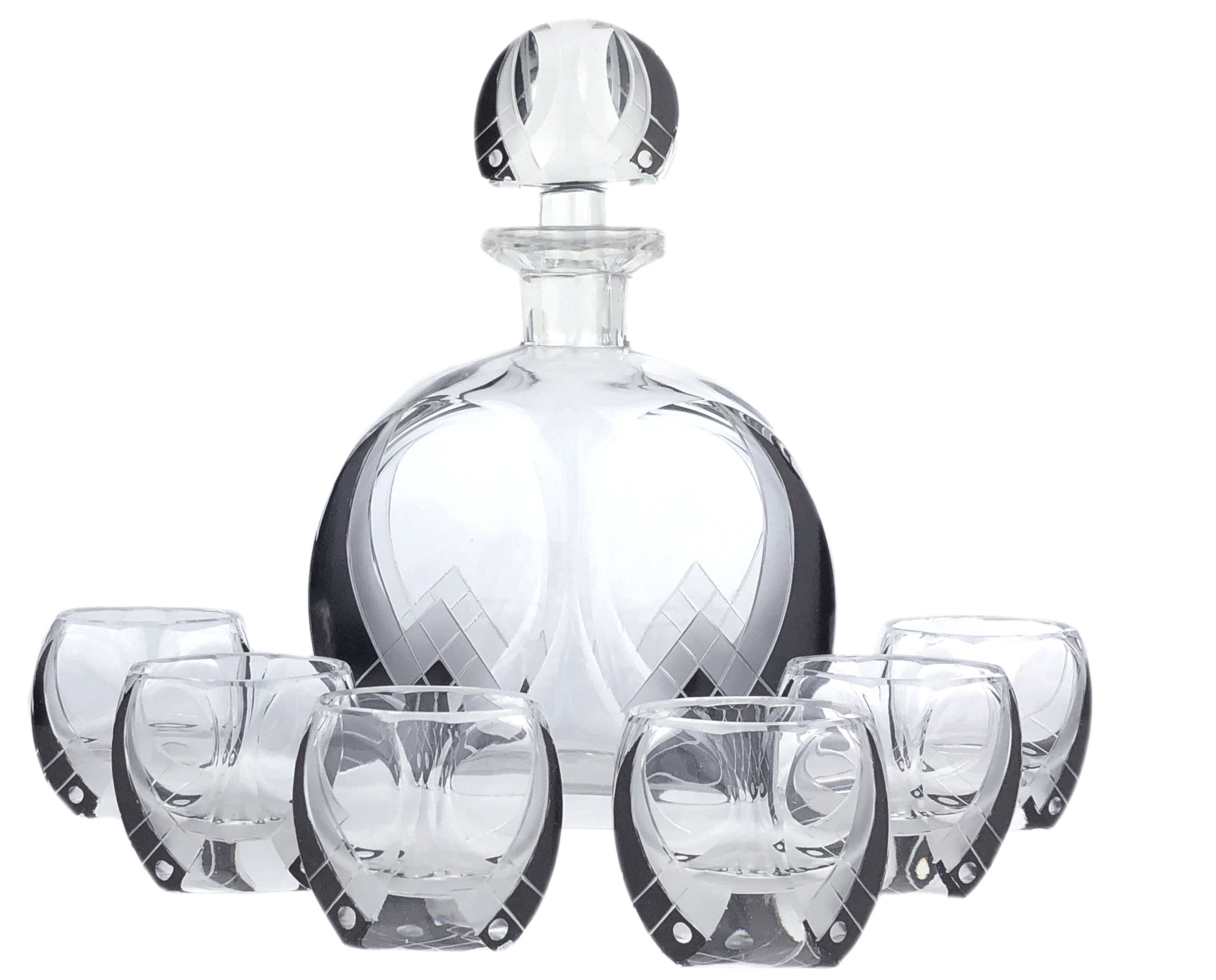 RARE Karl Palda  Liquor Set Decanter Bohemian Crystal Enamelled Engraved Glass Art Deco 1930s Art Glass Czech Bohemian Glass