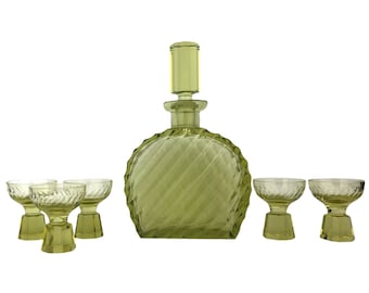 RARE BOHEMIAN Yellow Green Optical Decanter Liquour Set Art Deco 1930s Art Glass Czech Bohemian Glass