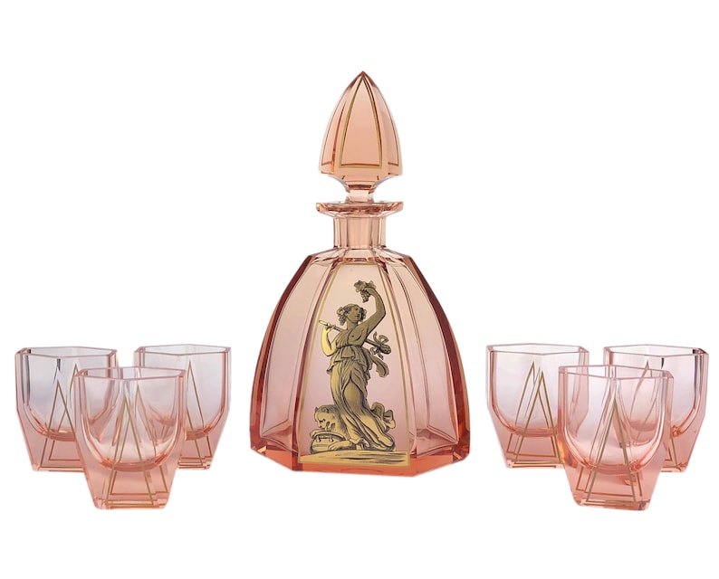 VERY RARE Bacchus Dionysos Hand Painted Gilded Rosaline Art Deco Liquor Set Decanter 1930s Art