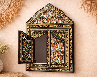 Black Wall Mirror Arched Window Frame Design Bohemian Style Farmhouse Rustic Wooden Shutters Functional Doors Painted Floral Patterns