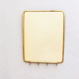 Mirror With Hooks , Brass Wall Mirror, Rectangle Mirror, Golden Mirror, Brass Wall Mirror, Rounded Mirror