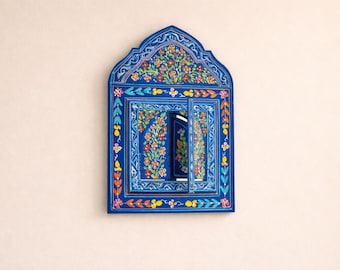 Small Moroccan Mirror with Doors, Bohemian Wall Decor, Ethnic Art for Entryway, Large mirror hand painted, Unique Blue floral Mirrors,