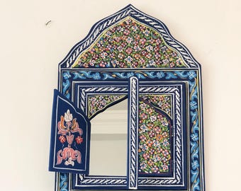 Wooden Rustic Mirror Arched Shutter Frame Hand Painted Floral Design Bohemian Farmhouse Style Blue Wall Accent Green  Scrollwork Patterns