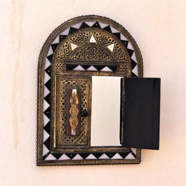 Miroir marocain, fait main, miroir avec cadre, miroir avec portes, décoration murale en miroir, miroir mural voûté, art du miroir, miroir incrusté d'os