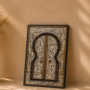 May include: A decorative wooden panel with an arched door design, featuring intricate white and black patterns. A beige vase with dried plants sits to the left. The panel is approximately 12 inches tall.