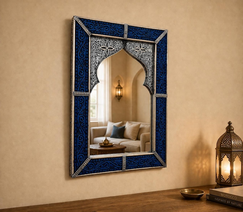 Moroccan Wall Mirror Blue Home Decor Handmade Arched Furniture Bedroom Vanity Bathroom Statement Entryway Accent Boho Style Interior Design