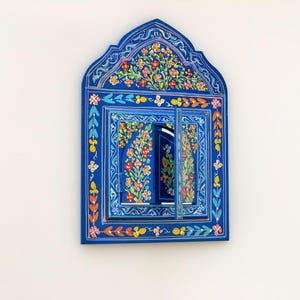 Small Moroccan Mirror with Doors, Bohemian Wall Decor, Ethnic Art for Entryway, Large mirror hand painted, Unique Blue floral Mirrors,