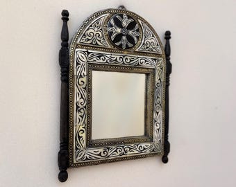 Small Rustic Mirror, Moroccan Wall Mirror with Natural Cow Bone Inlay, Boho Wall Decor, Wooden Brass Mirror, Small Decorative Mirror Gift