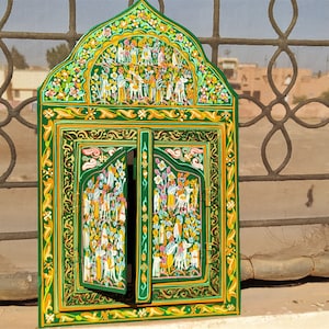 Espejo de arco, espejo marroquí, espejo decorativo de madera colorida pintado a mano, espejo verde bohemio, arte de pared, espejo decorativo, arte de espejo, marco de espejo