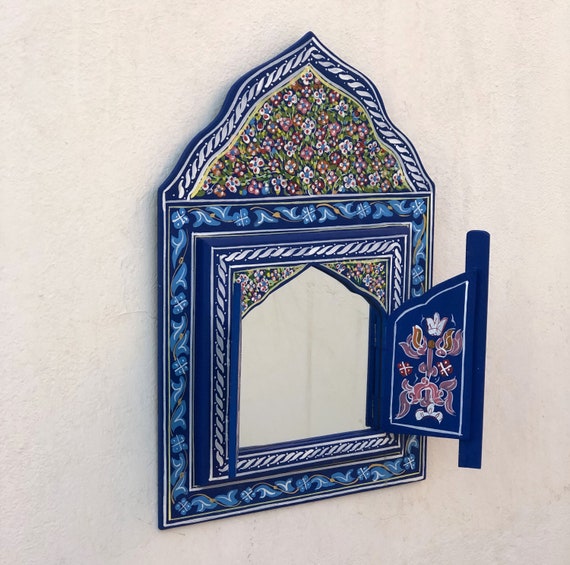 Large Moroccan Hand Painted Mirror,Unique Blue Mirror, Mirror With Doors, Window Frame Mirror, Hand Painted Art Mirror