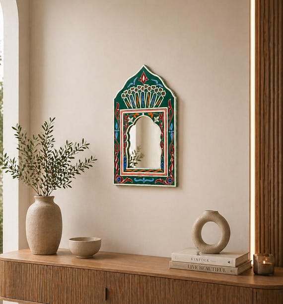 Wavy Painted Mirror, hand-painted Furniture, Mirror Wall Decor Vintage Style, Wall Mirrors Decorative, Arch Mirror Wall Decor