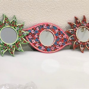 Kleiner Wandspiegel, Wandspiegel Set, Augenspiegel, Sunburst Wanddekor, Handbemalte Spiegel