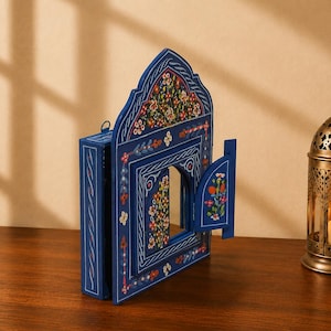 Moroccan Mirror With Doors, Hand Painted Blue Floral Wood Mirror, Jewelry & Key Holder