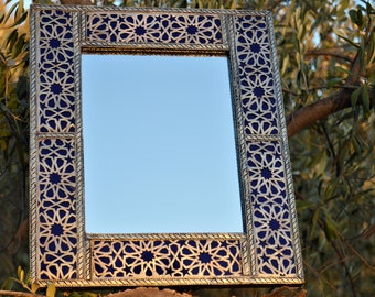 Blue Silver Moroccan Mirror, Large Mosaic Mirror, Handmade