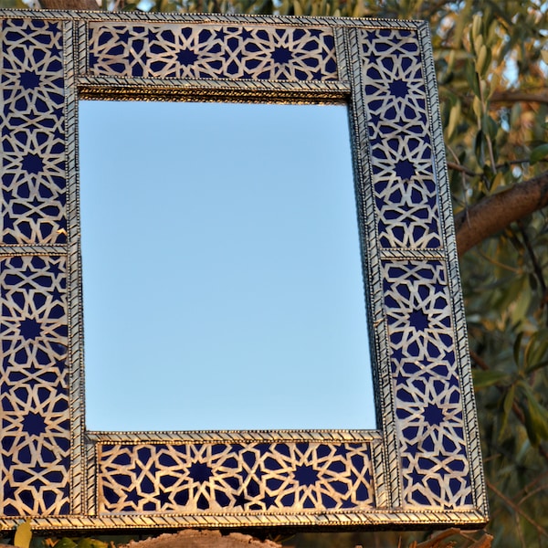 Miroir marocain bleu argent, grand miroir en mosaïque, fait à la main