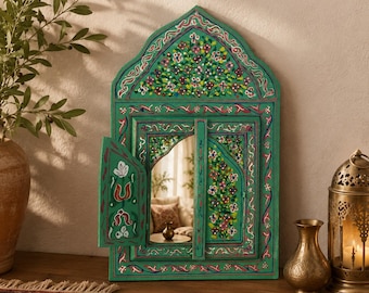 Arched Shutter Mirror Green Wall Floral Design Bohemian Style Farmhouse Window Frame Wooden Rustic Painted Wood Bathroom Vanity Entryway