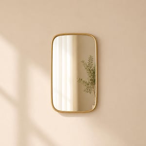 May include: A rectangular mirror with rounded corners and a gold-colored frame. The mirror is mounted on a light beige wall. The reflection shows a glimpse of a window and a plant.