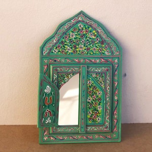 Small Moroccan Mirror with Doors, Bohemian Wall Decor, Ethnic Art for Entryway, Large mirror hand painted, Unique Green floral Mirrors,