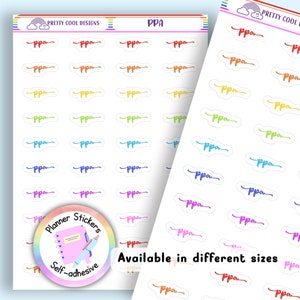 May include: A sheet of planner stickers featuring the text ppa in a cursive font, arranged in rows with a rainbow colour gradient. The top header displays the text Pretty Cool Designs and PPA. A circular logo shows a notebook and pen with the text Planner Stickers Self-adhesive.