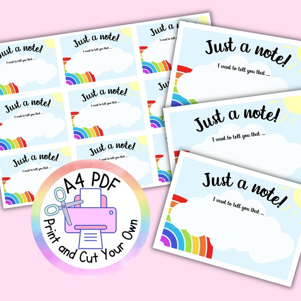 Just a Note Positive Comments School Home Parents Carers Printable PDF JPG Digital Download Print Your Own Notes Note Cards Rainbow