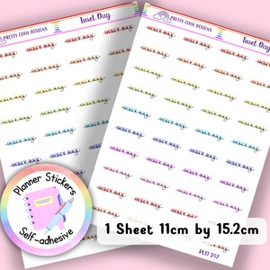 May include: Two sheets of self-adhesive planner stickers featuring the text Inset Day in black cursive script, each underlined with a colourful highlight. The sheets measure 11 cm by 15.2 cm and include a logo with a rainbow cloud and the text Pretty Cool Designs.