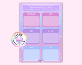 Puede incluir: Una página de planificador digital con fondo degradado en morado y azul con detalles de estrellas blancas. El diseño incluye secciones para Affirmation, Home, Work, Self Care, Errands y Notes, además de un encabezado de calendario.