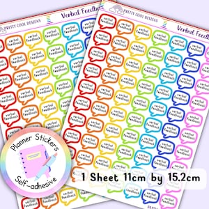 May include: A sheet of colourful planner stickers with the text "Verbal Feedback" in a speech bubble design. The stickers are self-adhesive and measure 11cm by 15.2cm.