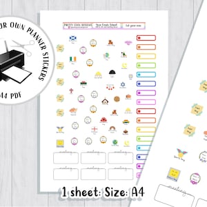 Pegatinas imprimibles para el planificador del profesor en formato PDF. Imprima y recorte eventos del año con casillas para tareas y reuniones