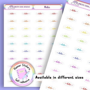May include: A sheet of colourful planner stickers with the word "Data" written in a variety of colours and fonts. The stickers are shaped like clouds and are self-adhesive. The sheet also includes a sticker with a planner and pen.