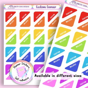 May include: A sheet of adhesive planner stickers featuring triangular corner shapes in a rainbow gradient of red, orange, yellow, green, blue, and purple. Each sticker is printed with the word CUSTOM. A circular logo reads Planner Stickers.