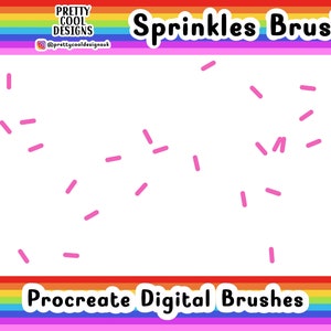 May include: Pink sprinkles brush for Procreate digital art. The brush is designed to create a realistic sprinkle effect. The image shows a white background with pink sprinkles scattered across it. The text "Sprinkles Brush" is at the top of the image, and the text "Procreate Digital Brushes" is at the bottom of the image.