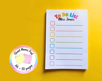 A6 Personalised Notepad Memo Pad Teacher Gift Homemade Notebook Rainbow Design