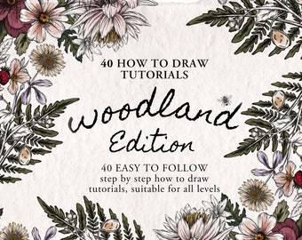 Wie man Waldblumen, Insekten und Laub zeichnet | 40 Schritt für Schritt Zeichnungsanleitungen | Lernen Sie, wie man Instant Digital Download Ebook zeichnet