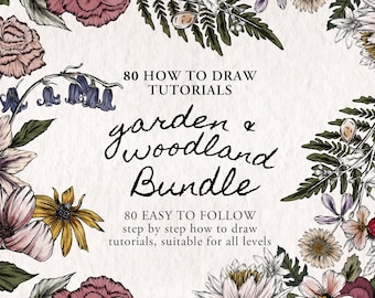 Gewusst wie: Zeichnen Sie Gartenblumen und Waldland Edition Bundle - Lernen Sie, 80 Blumen, Kräuter, Tiere und Laub zu zeichnen Digitaler Download Tutorial Ebook