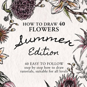 Puede incluir: Una portada de libro ilustrada con diseños florales y el texto "HOW TO DRAW 40 FLOWERS Summer Edition." La portada presenta varias flores dibujadas a mano en tonos rosa, naranja y morado, con texto complementario.