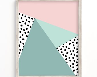 Memphis Style Printable / 80s Colorblock Wall Art / Modern Girly Art Printables / Pink Blush Teal Aqua Dots / Geometric Abstract Print