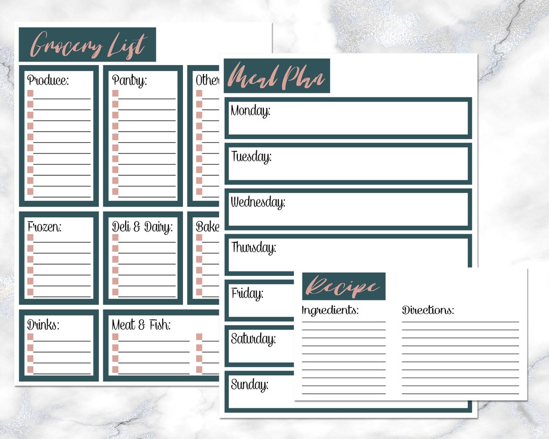Meal Plan Grocery List Recipe Planner Printable Bundle / Green and Pink ...