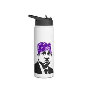May include: White stainless steel water bottle with a black lid and a purple bandana-wearing cartoon character on the front. The character has a serious expression and is wearing a suit and tie.