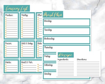 Meal Plan Grocery List Recipe Planner Printable Bundle / Teal and Yellow Organization Printables / Meal Prep Digital Download Template Kit