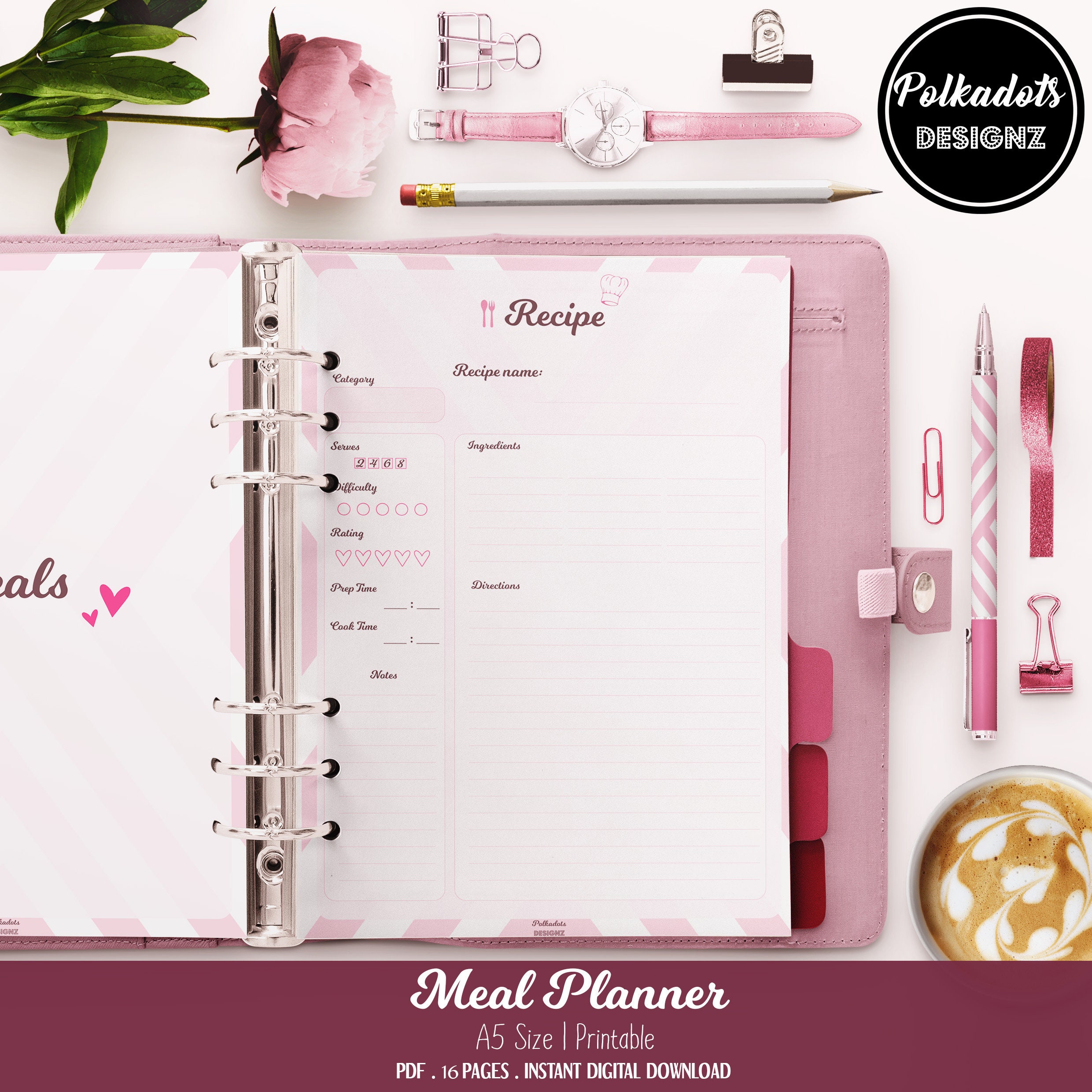 PRINTABLE MEAL PLANNER A5 size Pink collection Recipes | Etsy
