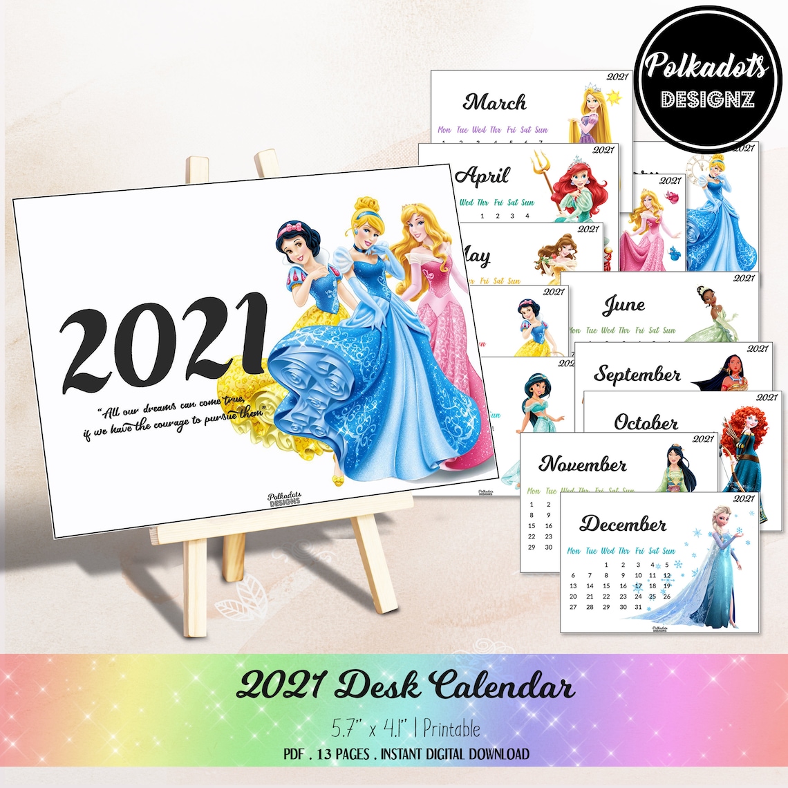 2021 Desk Calendar 5.7 x 4.1 Size Disney Princesses Etsy