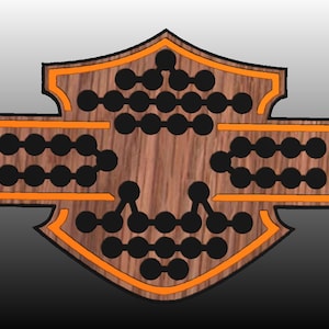 May include: A wooden wall decor in the shape of a motorcycle logo with a brown wood background and black circles connected by lines. The logo is outlined in orange.
