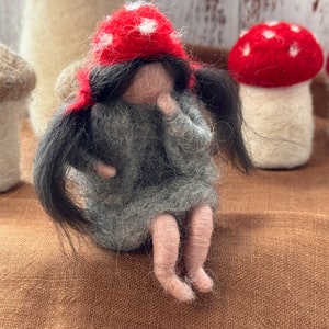 Gnome children girl sitting, mushroom child, mushroom, fly agaric, gnome, gnome child, Waldorf style, forest, felt figure, felt, felt doll