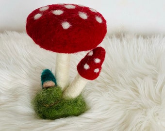 Walnut baby under mushroom, mushroom, fly agaric, baby, needle felt, felt, forest, autumn decoration, doll