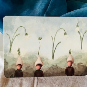 Postkarte, Künstlerkarte, Schneeglöckchen, Winter, Frühling, Jahreszeitentisch, Karte, Geschenk, Dekoration