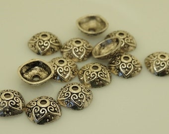 100 pieces Bali  vintage Antique Silver tone  filigree bead caps on beads 11mm (0.43")