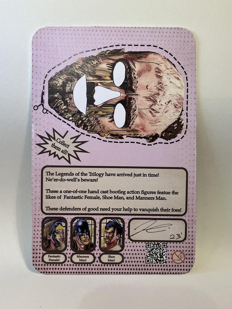 May include: A collectible card with a pink background and a vintage design. The card features a cutout face design and text that reads "Collect them all!" and "The Legends of the Trilogy". It also shows illustrations of three characters.