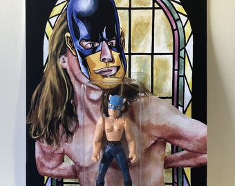 May include: A custom action figure of a masked superhero in a blue and yellow costume, standing in a plastic bubble on a card with a painted image of a person wearing a blue mask.