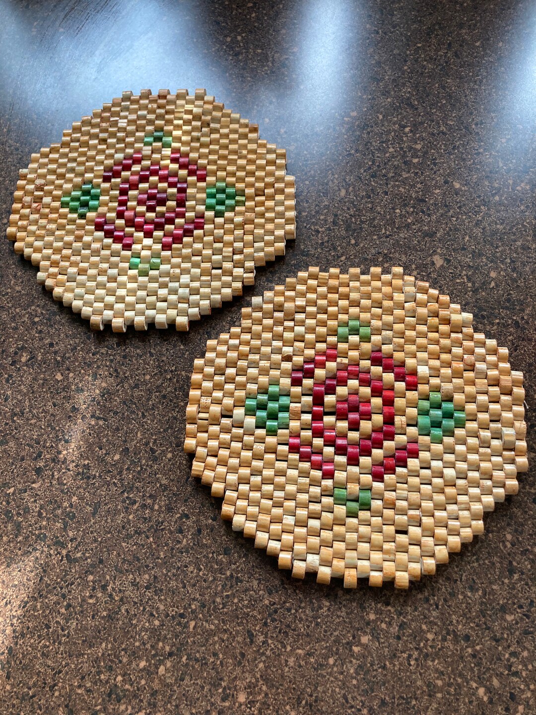 Wood Bead Trivet Hot Pad 2 Diamond Rose Pattern Retro Etsy